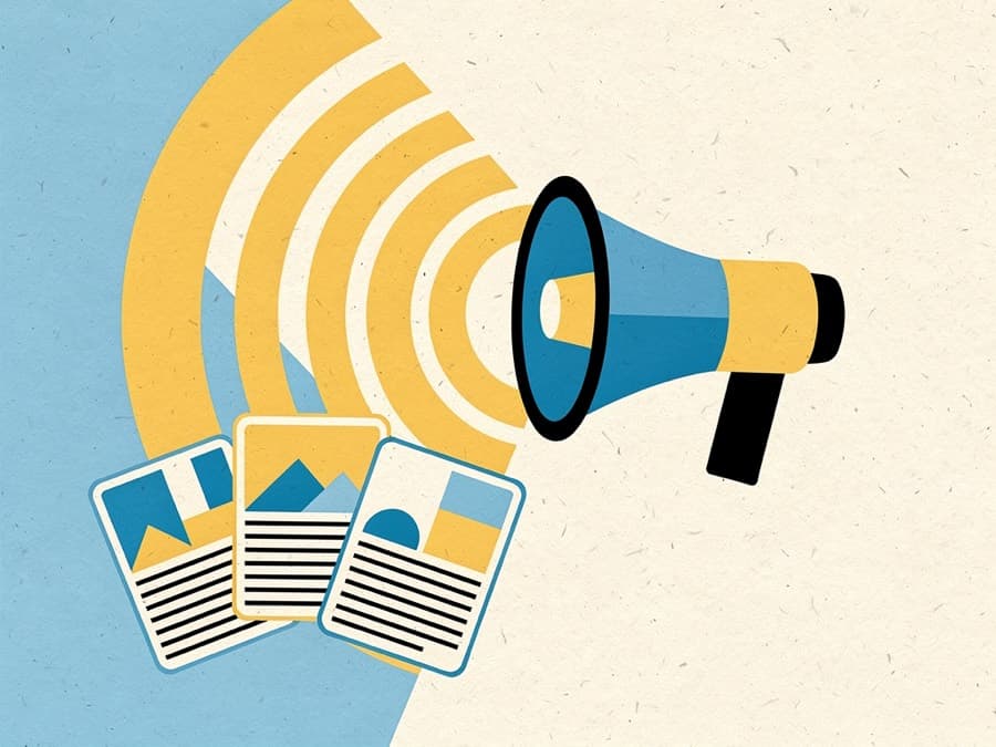 Illustration: a megaphone with radiating arcs and three small article cards fanned out.