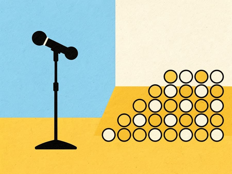 Illustration: a microphone on a floor stand facing rows of small circles suggesting an audience.