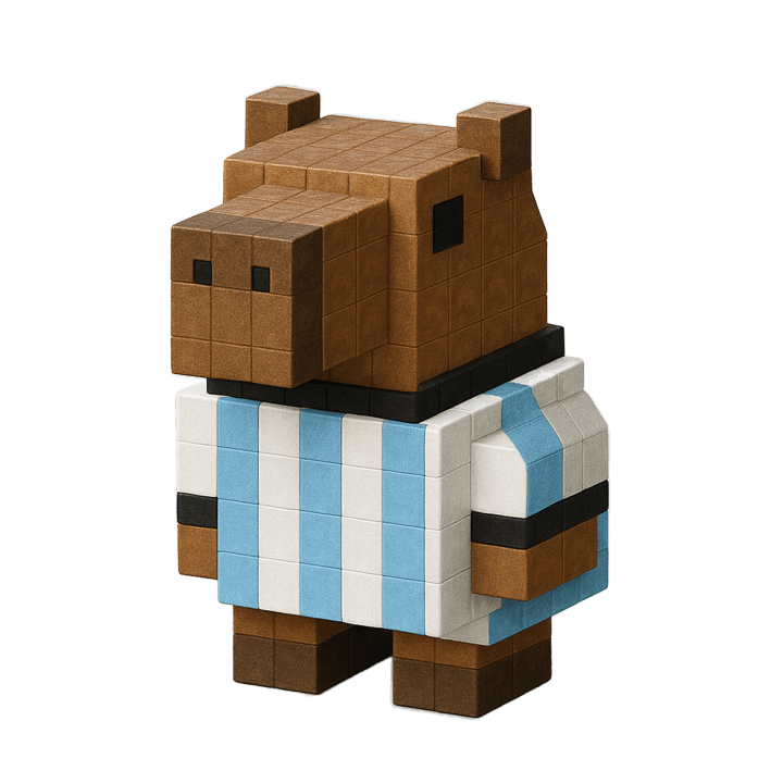 Ilustración: Capi, el carpincho en voxel del capítulo, con la camiseta argentina y un mate.