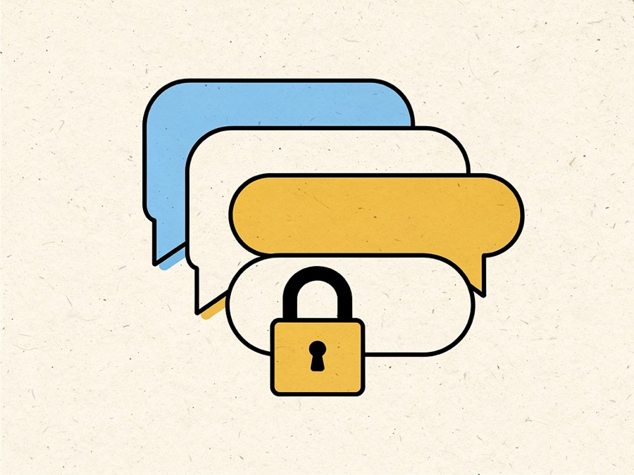 Illustration: a stack of chat bubbles with a closed padlock in front of them.