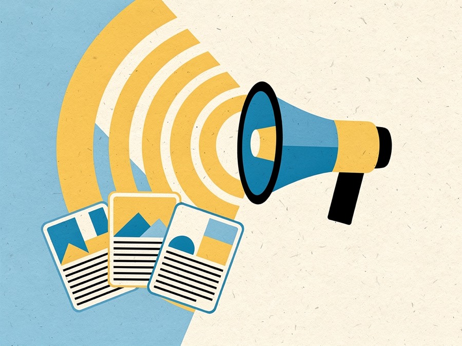 Illustration: a megaphone with radiating arcs and three small article cards fanned out.