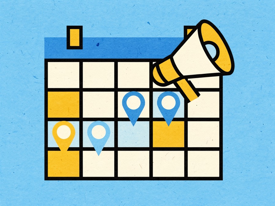 Illustration: a month calendar with marker pins on three days and a megaphone across one corner.
