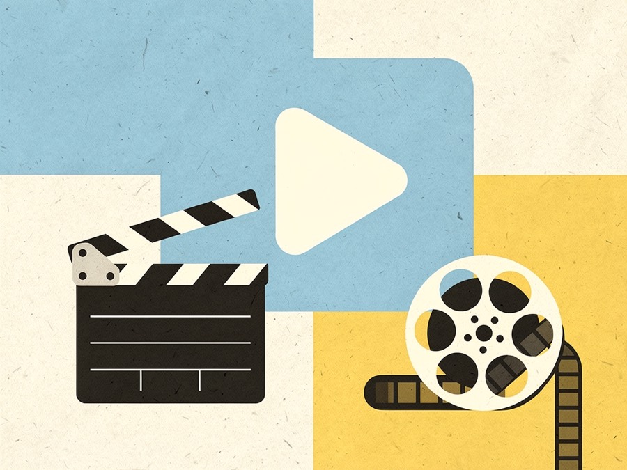 Illustration: a film clapperboard, a play triangle and a reel of film.