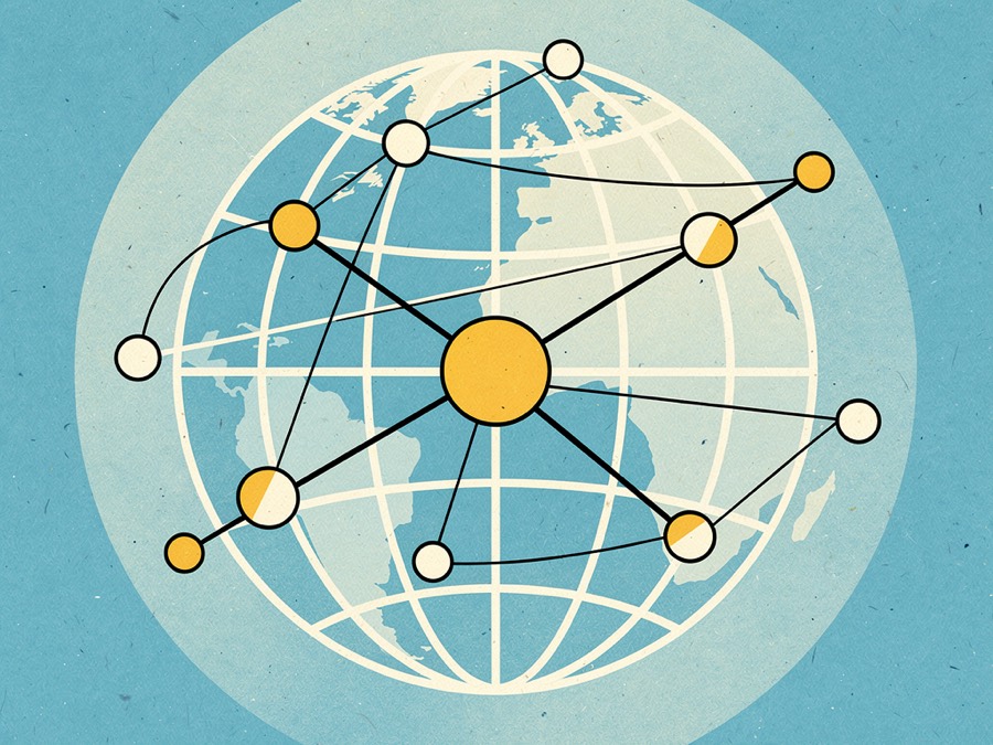 Illustration: a globe overlaid with circular nodes joined by thin lines, one node larger than the rest.