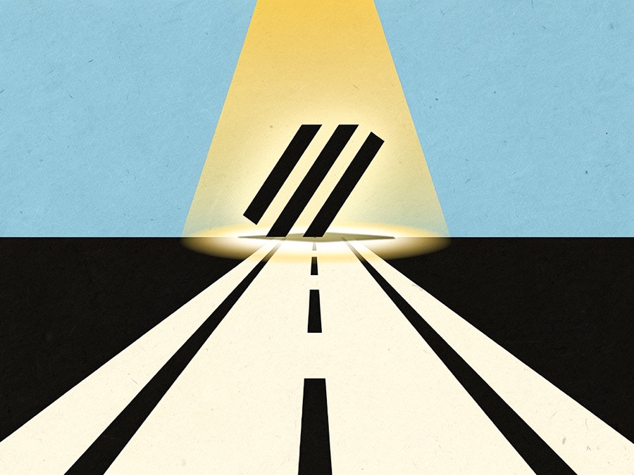 Illustration: a road receding toward the horizon, where three slanted bars stand lit by a spotlight.