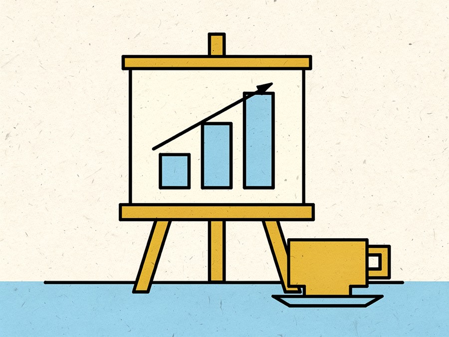 Illustration: a presentation easel showing three ascending bars, with a coffee cup beside it.