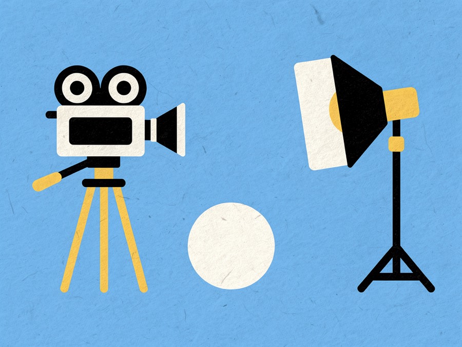 Illustration: a cinema camera on a tripod facing a softbox light.