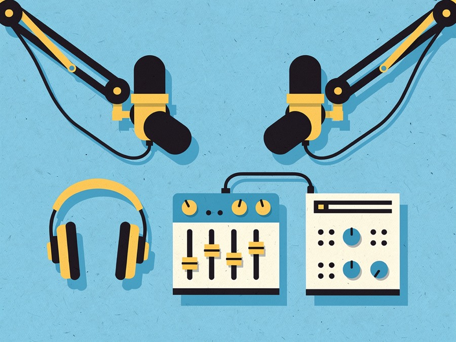 Illustration: a podcast desk seen from above with two microphones on boom arms, headphones and a mixer.
