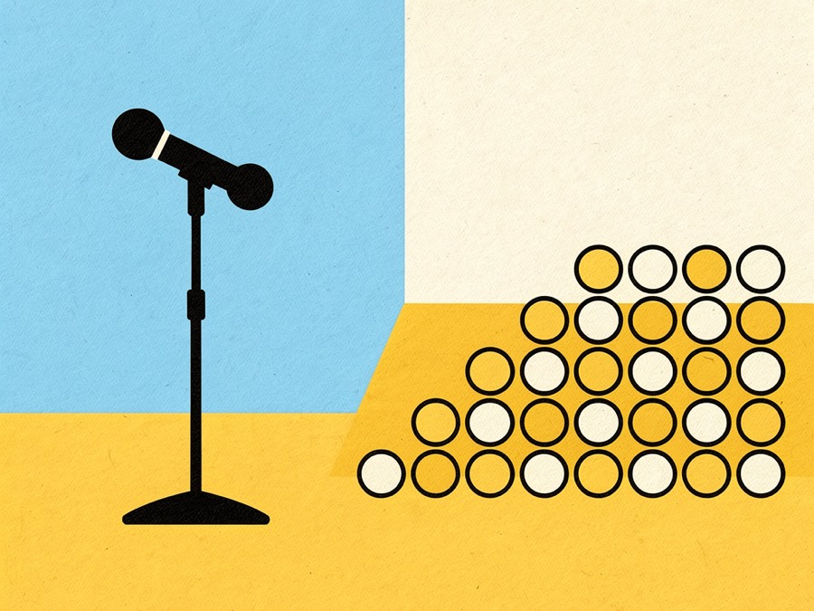 Illustration: a microphone on a floor stand facing rows of small circles suggesting an audience.