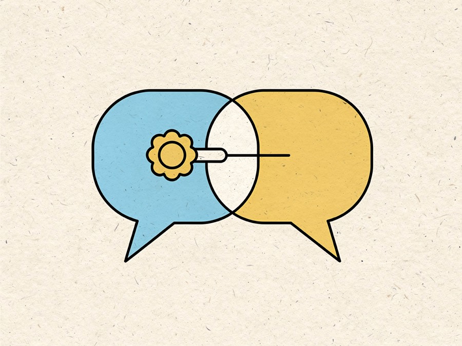 Illustration: two overlapping speech bubbles joined by a line, one carrying a small rosette badge.